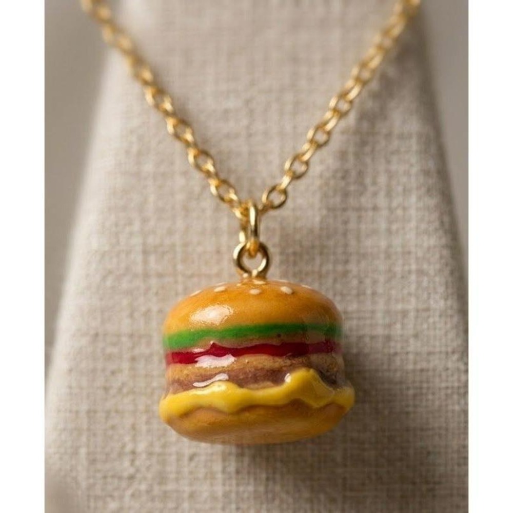 Burger Necklace Gold Toned Stainless‎ Steel 24" Hamburger Pendant